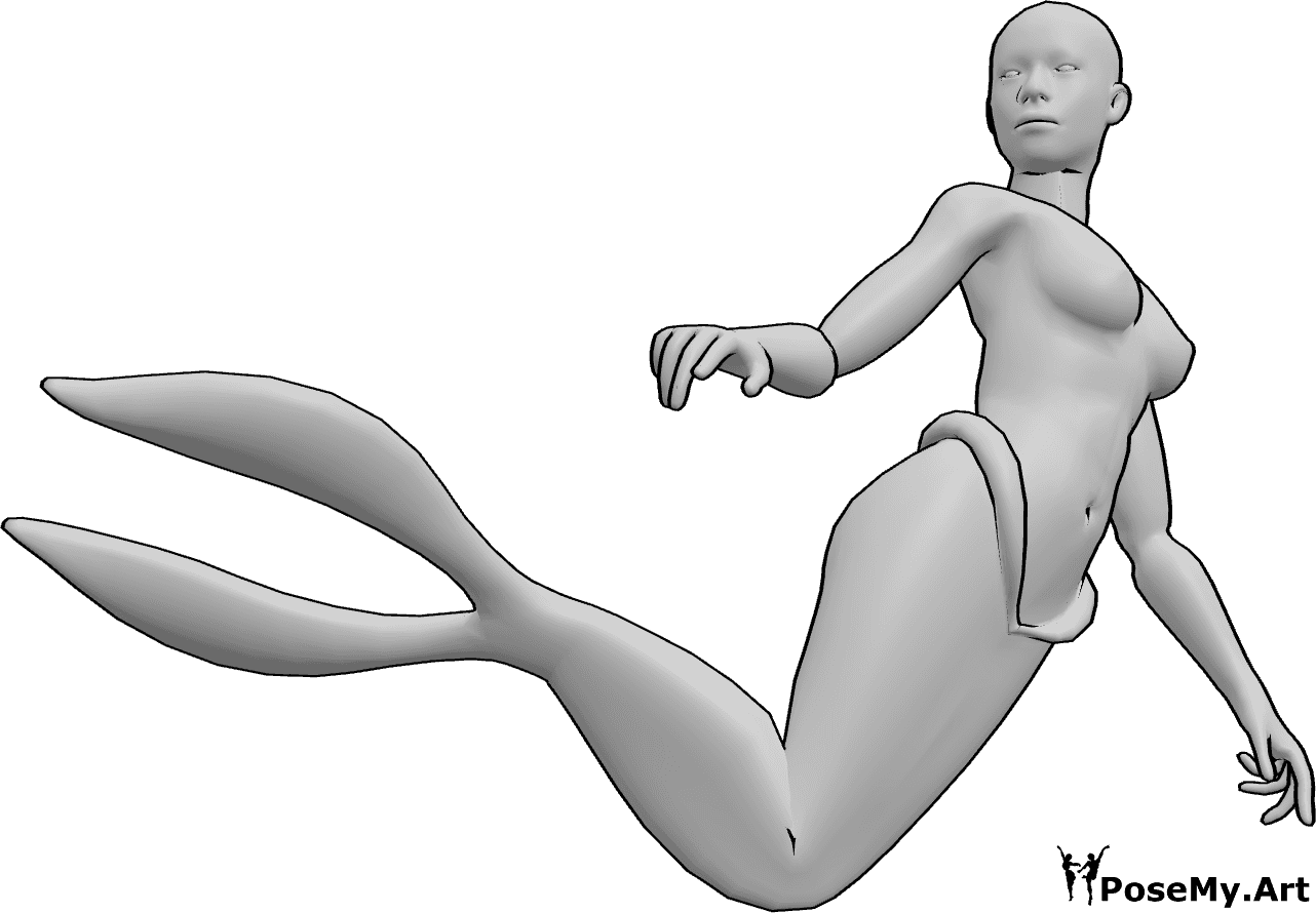Riferimento alle pose- Posa della coda di sirena che calcia - La sirena femmina scalcia con la coda sul lato destro