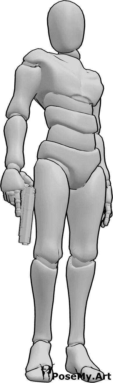 Referencia de poses- Hombre con pistola - Hombre de pie, con una pistola en la mano derecha y mirando a la derecha.