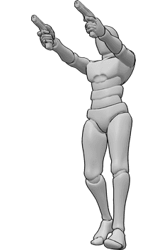 Referencia de poses- Postura de pistola apuntando andando - Hombre caminando, sosteniendo pistolas en ambas manos y apuntando hacia adelante.