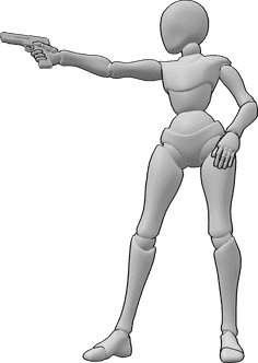 Referencia de poses- Postura femenina para apuntar con la pistola - Mujer de pie, sosteniendo una pistola en la mano derecha y apuntando