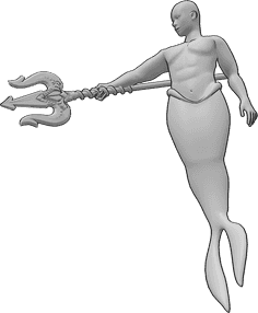 Referência de poses- Sereia com tridente apontado para baixo em pose - A sereia macho está a segurar um tridente e aponta para baixo com ele