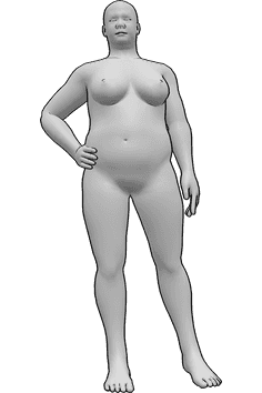 Pose Reference- Stocky female standing holding hip pose - Stocky female is standing, her right hand is on her hip, looking forward