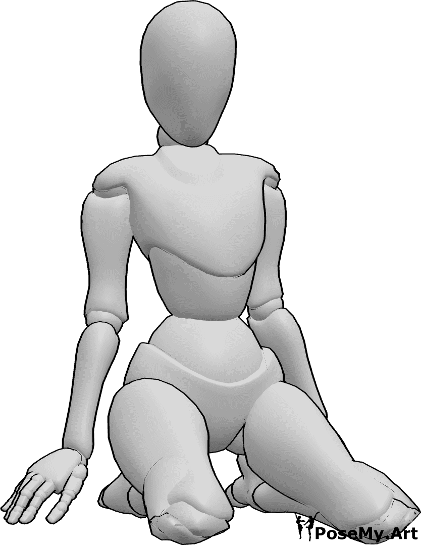 Referencia de poses- Postura femenina sentada de rodillas - Mujer sentada sobre las rodillas y mirando hacia delante, pose femenina sentada sobre las rodillas