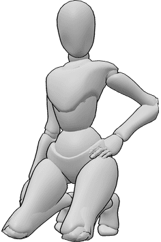 Referencia de poses- Postura sentada de rodilla confiada - Mujer sentada de rodillas, sujetándose la cadera con la mano izquierda.