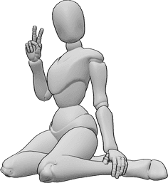 Referencia de poses- Bonita postura sentada de rodillas - Mujer sentada de rodillas haciendo el signo de la paz con la mano derecha.