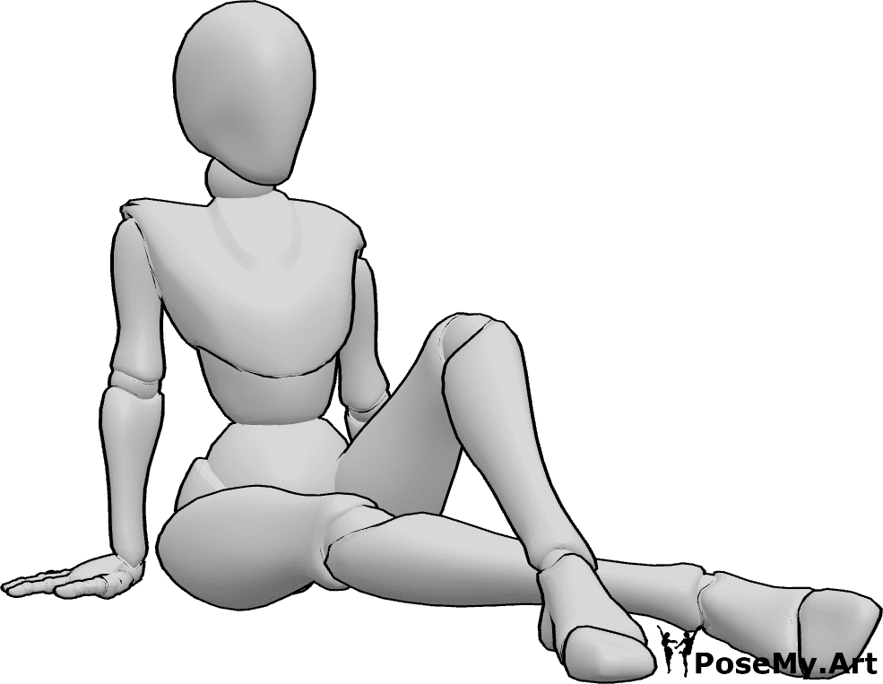 Referencia de poses- Postura femenina con las piernas cruzadas - Mujer sentada con las piernas cruzadas, apoyada en las manos, postura sentada en el suelo.