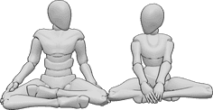 Referencia de poses- Postura sentada con las piernas cruzadas - Mujer y hombre están sentados con las piernas cruzadas uno al lado del otro, pose de pareja sentada con las piernas cruzadas