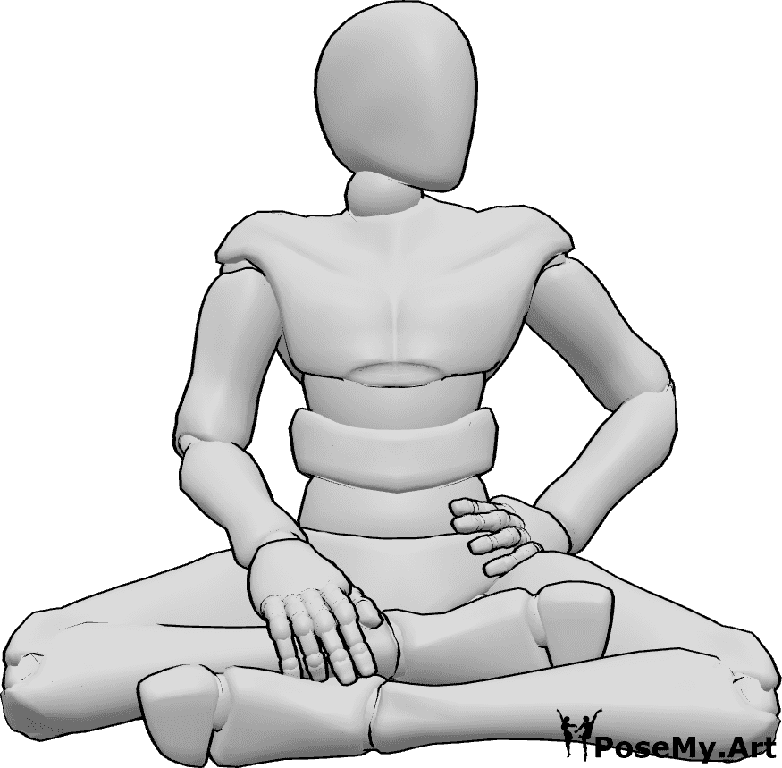 Referencia de poses- Mantener postura sentada de cadera - Varón sentado con las piernas cruzadas, sujetándose la cadera con la mano izquierda y mirando hacia la izquierda.
