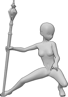Referencia de poses- Pose de mago anime - Mujer anime está agachada, sosteniendo un bastón de mago, mirando a la izquierda