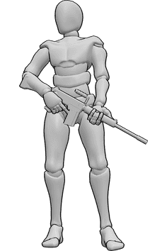 Referencia de poses- Hombre con pistola mirando a la derecha - Varón de pie sosteniendo una pistola con ambas manos, mirando ligeramente a la derecha