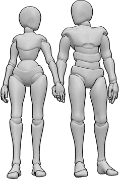 Referencia de poses- Postura de pareja cogidos de la mano - Mujer y hombre de pie cogidos de la mano, pose de pareja cogidos de la mano