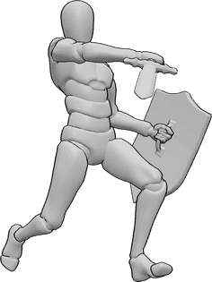 Riferimento alle pose- Posa della spada che trafigge - Uomo che corre e trafigge con la spada, tenendo uno scudo nella mano sinistra