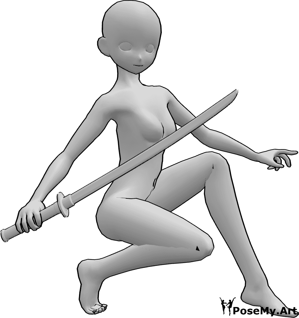 Referência de poses- Pose de ataque de katana feminina de anime - Mulher anime com uma katana, pose de pronta a lutar