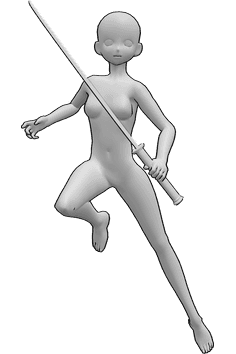 Referência de poses- Pose de katana de anime - Mulher de anime no ar com uma pose de katana