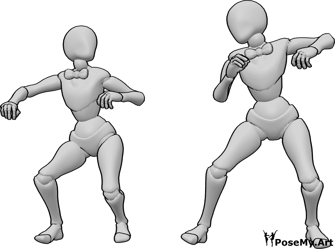 Referencia de poses- Mujer divertida pose de baile - Dos mujeres están bailando divertido y mirando el uno al otro, divertido dibujo pose