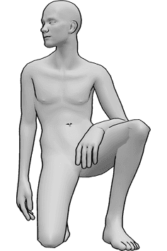 Referencia de poses- Postura anatómica masculina arrodillada - Hombre arrodillado, con la mano izquierda en el muslo, mirando a la derecha.