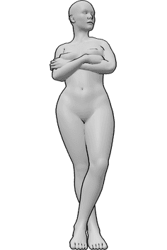 Référence des poses- Femme bras croisés, pose anatomique - La femme se tient debout de manière décontractée, les bras et les jambes croisés, et regarde vers la gauche.