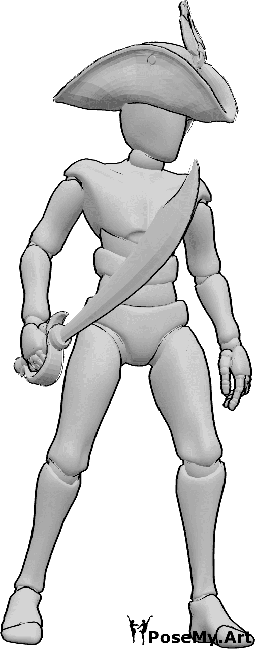 Referencia de poses- Pirata de pie sosteniendo una espada - Pirata masculino está de pie, sosteniendo una espada en su mano derecha, mirando a la izquierda