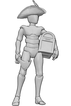 Referencia de poses- Postura del tesoro - Pirata masculino de pie, sosteniendo un cofre del tesoro y una espada pirata