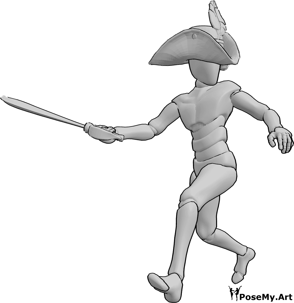 Referencia de poses- Postura con espada pirata - Hombre pirata está luchando, blandiendo su espada, mirando a la izquierda, pirata pose de ataque