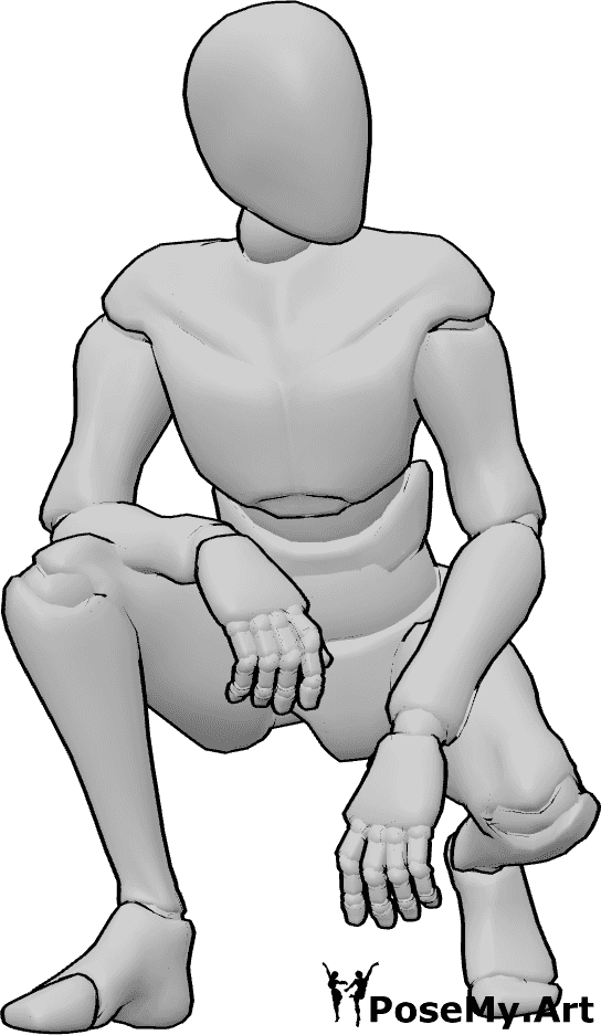 Pose Reference- Male crouching cool pose - Male is crouching and looking to the left, male cool pose reference