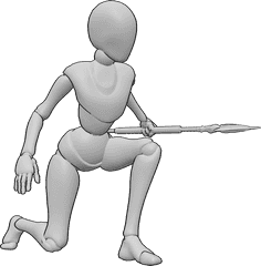 Posen-Referenz- Hockend mit Speer in weiblicher Pose - Frau hockt, hält einen Speer in der linken Hand