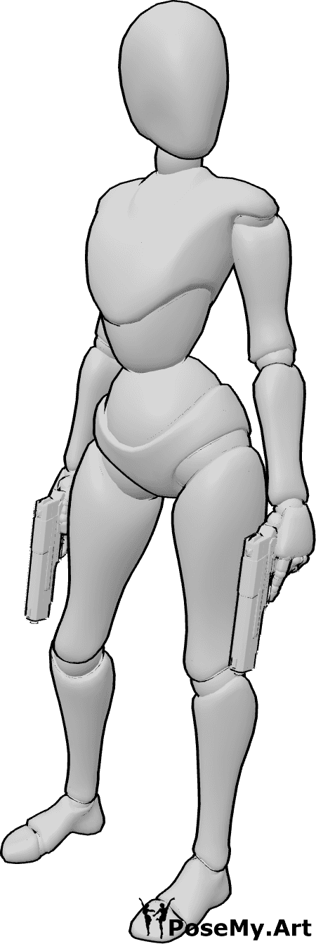 Referência de poses- Mulher segurando armas em pose de pé - Mulher de pé e a segurar armas, olhando para a esquerda, referência de pose em grande plano