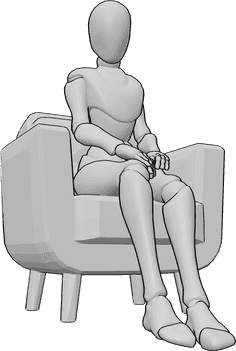 Referência de poses- Pose sentada de perto - A mulher está sentada casualmente no cadeirão, referência de pose de mulher sentada em grande plano