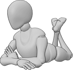 Referência de poses- Pose deitado de perto - Mulher deitada de barriga para baixo, olhando para a direita, referência de pose feminina em grande plano