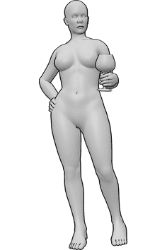 Referencia de poses- Postura de pie con las piernas cruzadas - Mujer de pie con las piernas cruzadas, sujetándose la cadera con la mano derecha, mirando hacia la izquierda.