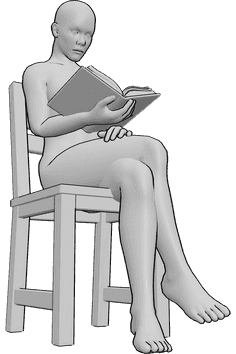Referencia de poses- Mujer sentada leyendo - Mujer sentada en una silla leyendo un libro con la mano derecha.