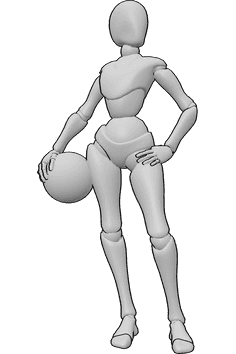 Referencia de poses- Postura atlética de jugador de baloncesto - Jugadora de baloncesto atlética de pie, sosteniendo un balón en la mano derecha.