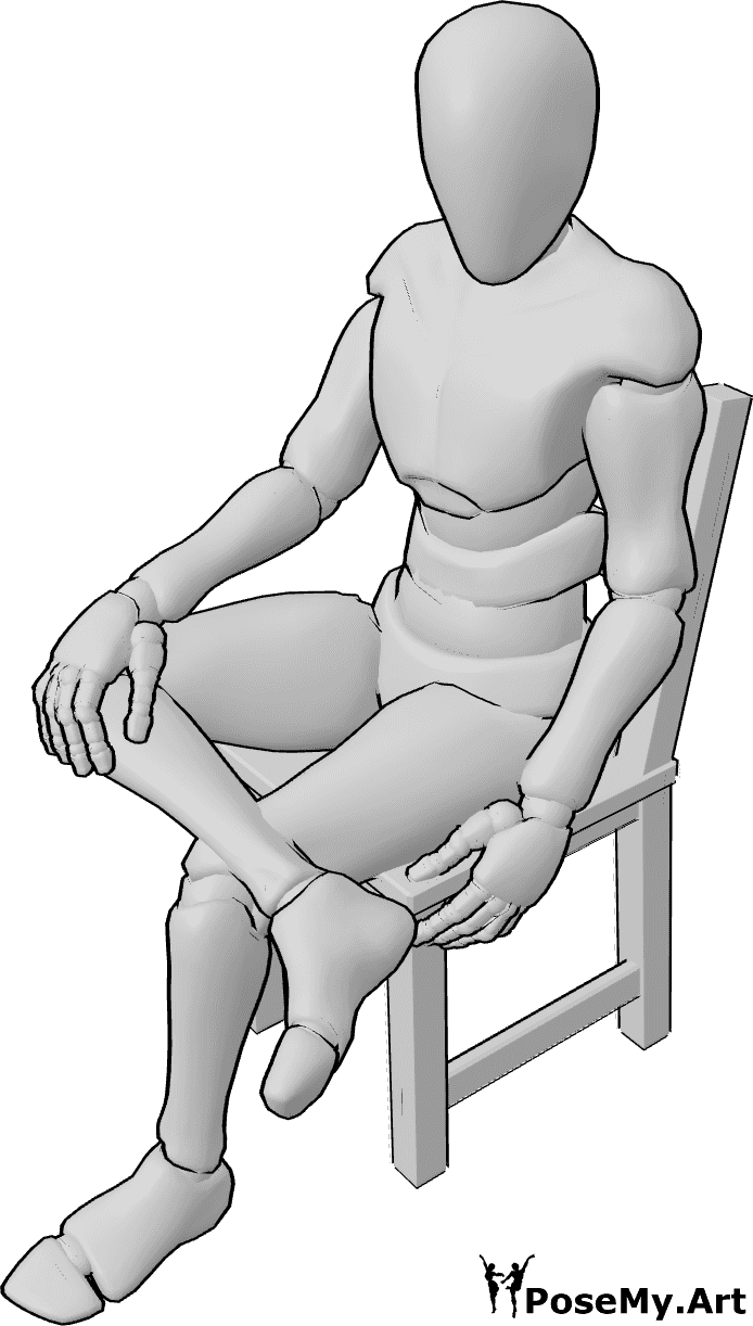 Posen-Referenz- Männlich, sitzend, hohe Pose - Männlich sitzt auf einem Stuhl, seine Beine sind gekreuzt, sitzend männlich hohen Winkel Pose Referenz