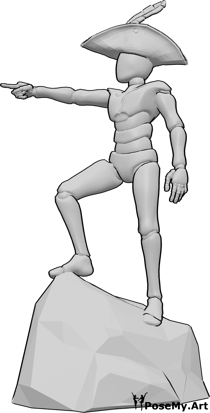 Référence des poses- Pirate pointant du doigt - Homme pirate debout sur un rocher, regardant vers la droite et pointant du doigt.
