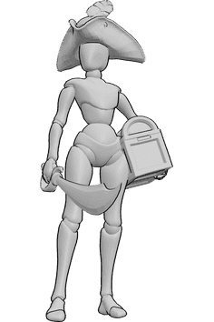 Référence des poses- Femme pirate en position debout - Femme pirate debout, regardant vers la droite, tenant un coffre au trésor et une épée de pirate.