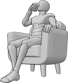 Referencia de poses- Hombre sentado sosteniendo un vaso - Varón sentado en el sillón y bebiendo, sosteniendo el vaso con la mano derecha.