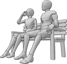 Referencia de poses- Postura sentada sosteniendo un vaso - Mujer y hombre están sentados en el banco, sosteniendo vasos, bebiendo