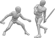 Referência de poses- Pose de espadas de combate - Dois homens estão a lutar numa batalha com espadas em pose