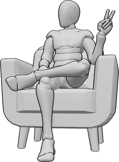 Pose Reference- Peace sign hand pose - Male is sitting in the armchair, his legs are crossed, he is making peace sign with his left hand