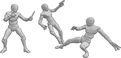 Referência de poses- Pose de combate com punhal e pistola - Três homens estão a lutar, segurando uma arma e um punhal, um deles cai devido a um pontapé