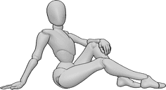 Referencia de poses- Mujer sentada piernas pose - Mujer sentada, apoyada en su mano derecha, mostrando las piernas