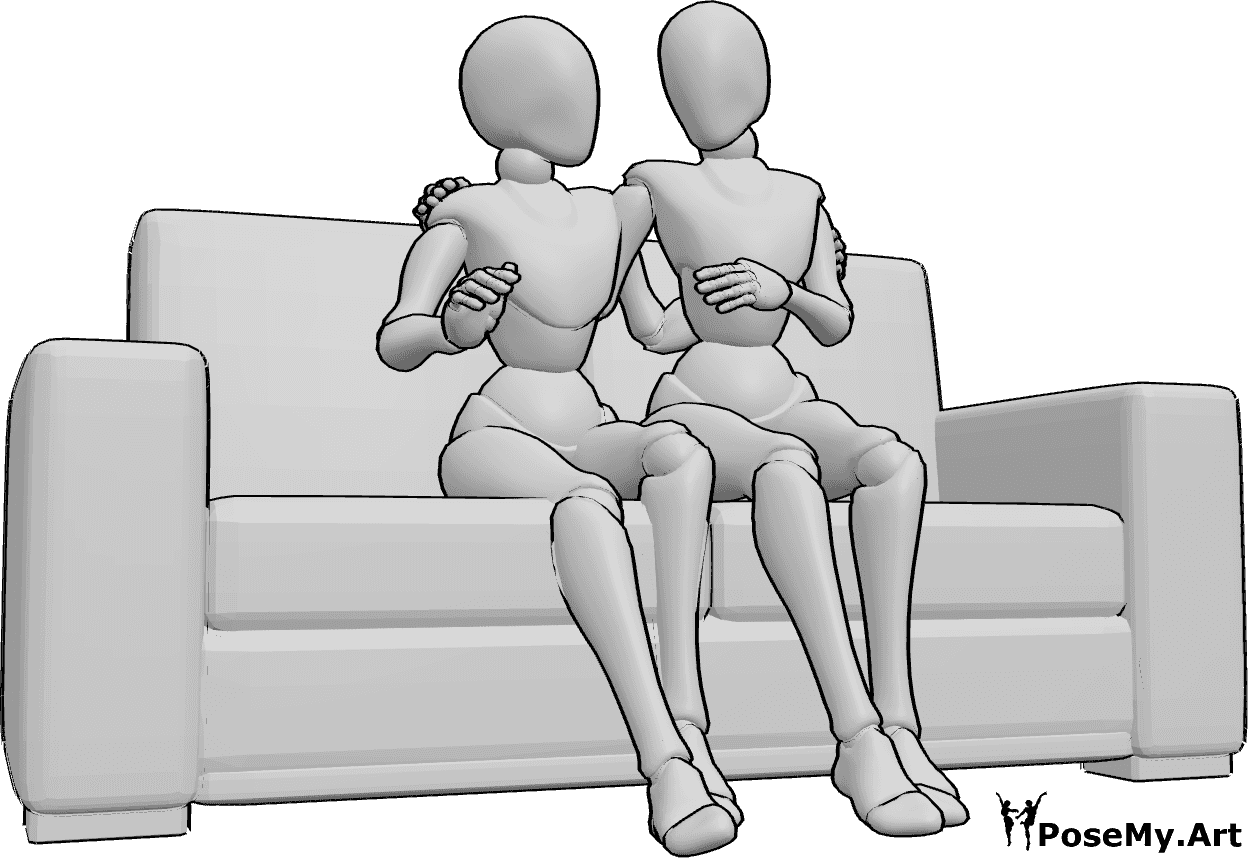 Referencia de poses- Amigas sentadas posando - Dos amigas están sentadas en el sofá hablando...