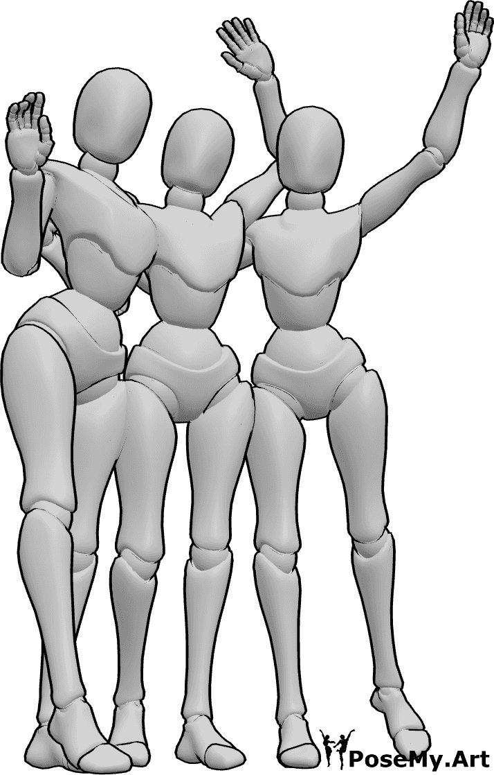 Referencia de poses- Postura de amigas saludando - Tres amigas están de pie, se abrazan y se saludan.