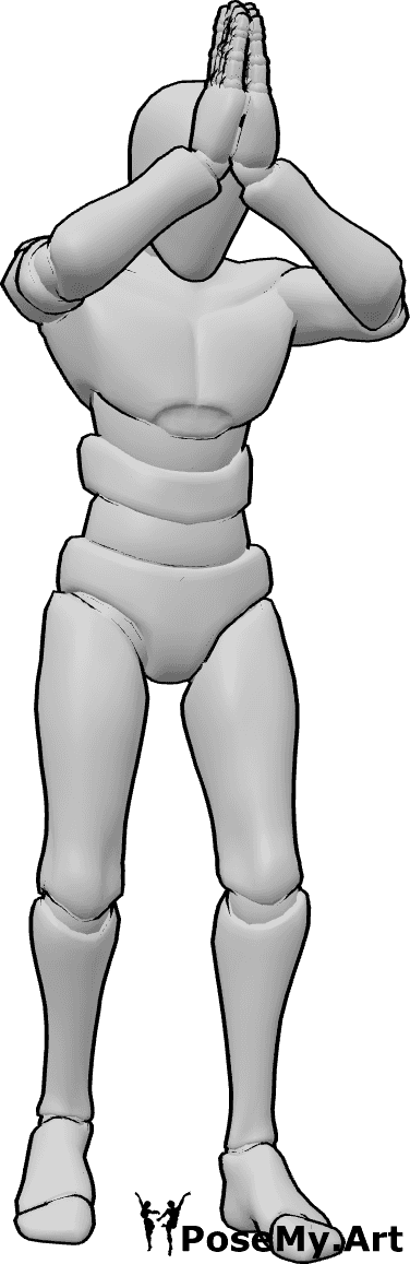Referencia de poses- Postura orante masculina - Hombre está de pie con las manos cruzadas en la frente y orando, masculino orando manos dibujo de referencia