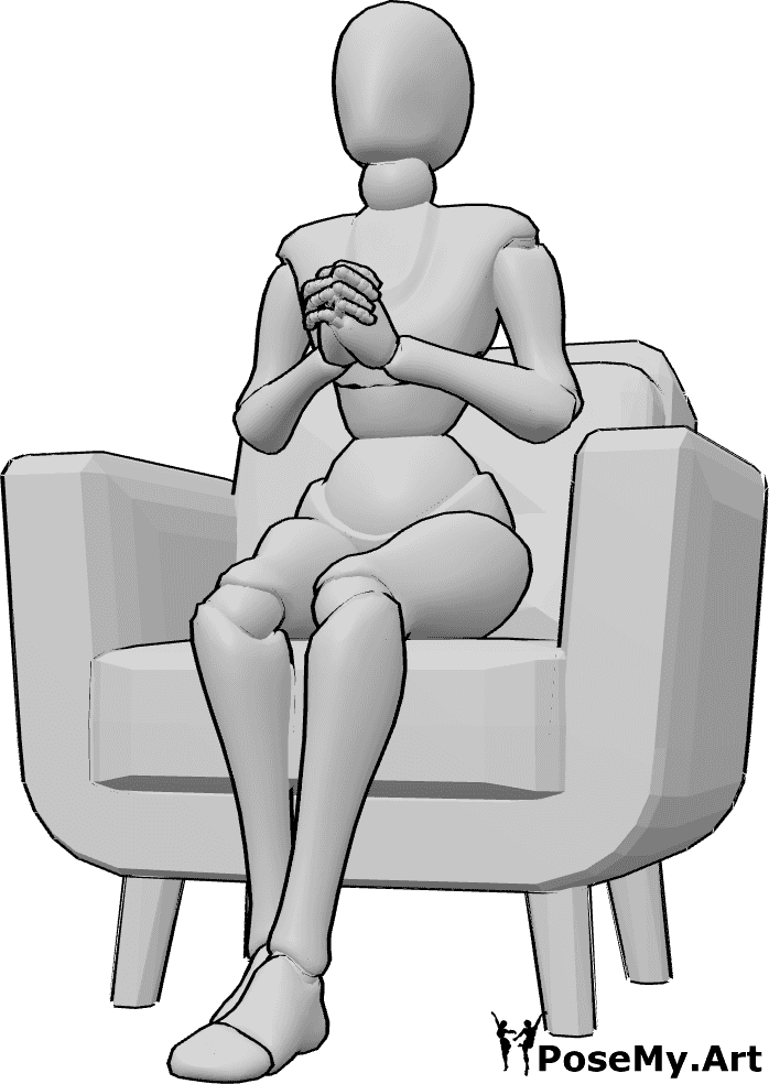Referencia de poses- Postura femenina de manos en oración - Mujer está sentada en el sillón y rezando, rezando manos femeninas dibujo de referencia