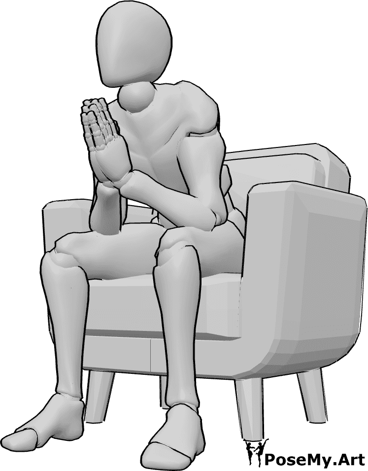 Referencia de poses- Postura masculina de manos en oración - Hombre sentado en el sillón y rezando, hombre rezando manos dibujo de referencia
