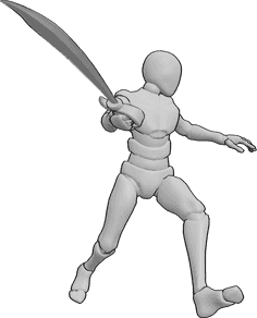 Referencia de poses- Postura de luchador blandiendo la espada - Luchador masculino está corriendo y blandiendo su espada pirata, mirando a la izquierda