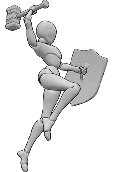 Referencia de poses- Peleadora en pose de salto - Luchadora saltando, atacando, sosteniendo un martillo y un escudo