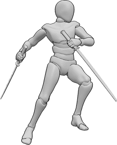 Referencia de poses- Hombre con katana en la mano - Luchador masculino está saltando, atacando, sosteniendo katanas en ambas manos, mirando a la izquierda