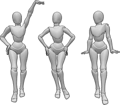 Référence des poses- Trois femmes posant en pin-up - Trois femmes se tiennent debout et posent comme des mannequins.